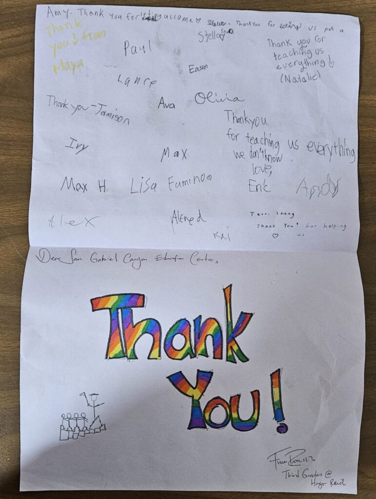 A white Thank You Note is depicted with a message from the students of Room 112, 3rd Grade, Hugo Reid Elementary.